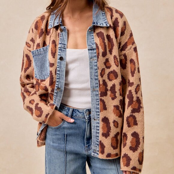 SOLD OUT BIBI Leopard Print Denim Jean Jacket Animal Print Cardigan - Picture 6 of 14